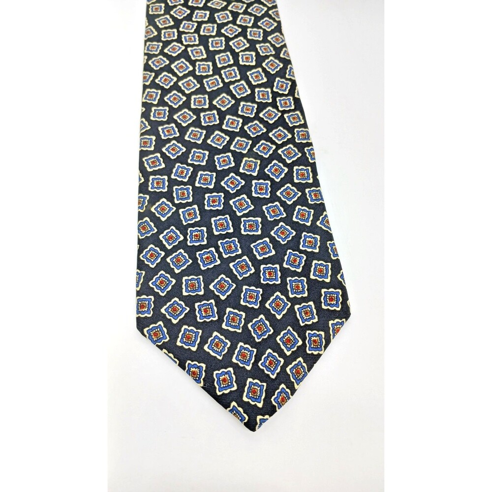 Christian Dior Monsieur Silk Necktie Navy Blue Geometric Medallion Designer Tie